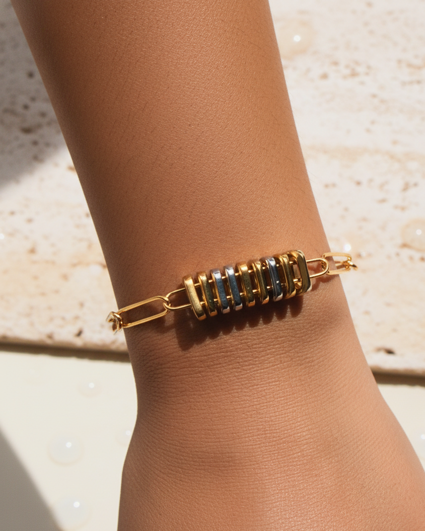 Xibel Two Tone Silver Gold Flat Rounded Square Bars Pendant Thin Big Paperclip Chain Bracelet