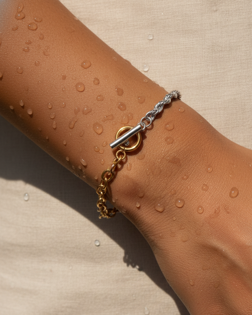 Xynelle Two Tone Dual Design Silver Twisted Rope Chain Gold Large Oval Link Chain OT Lock Bracelet