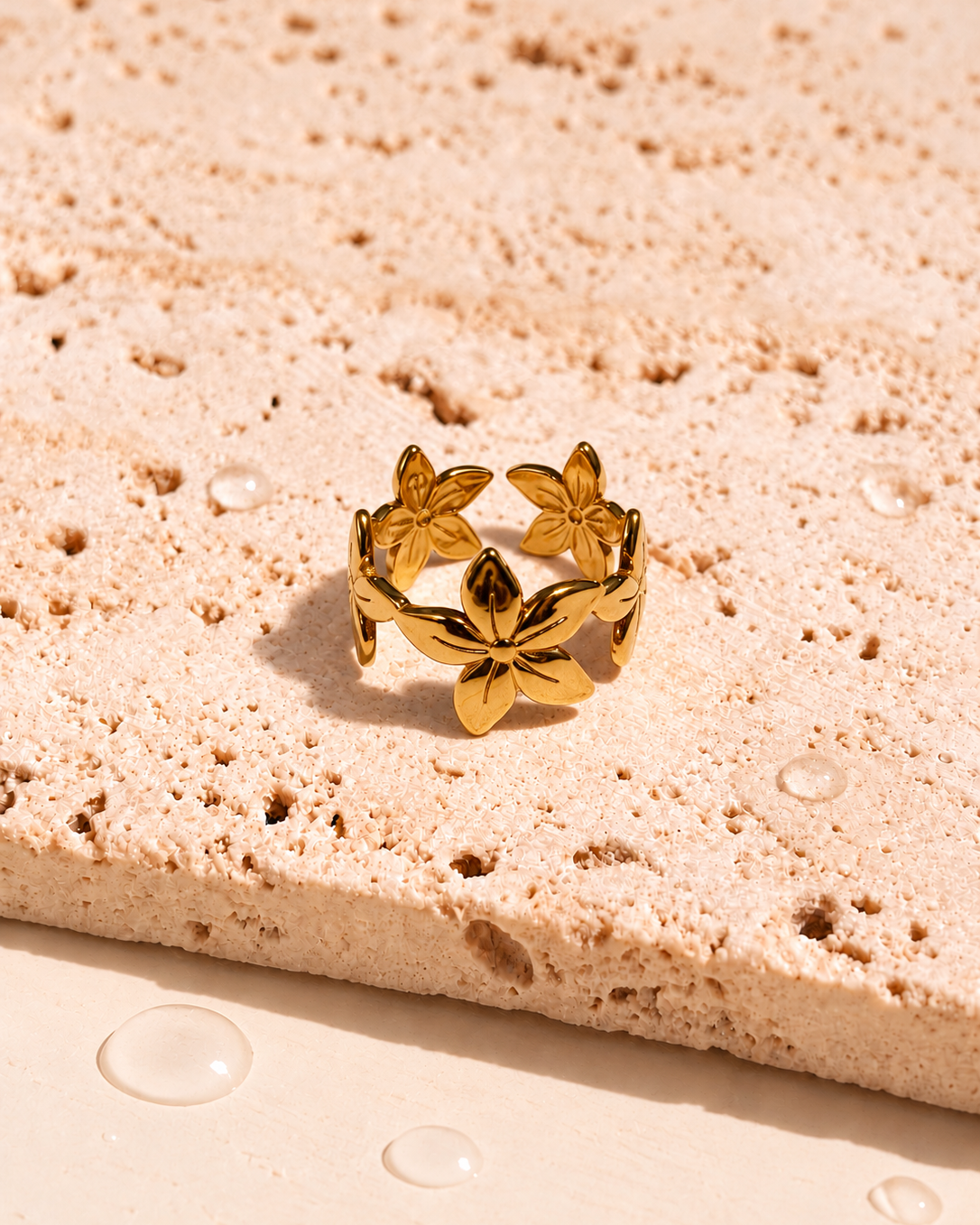 Harlan Carved Stacked Jasmine Flower Design Band Open Gold Ring