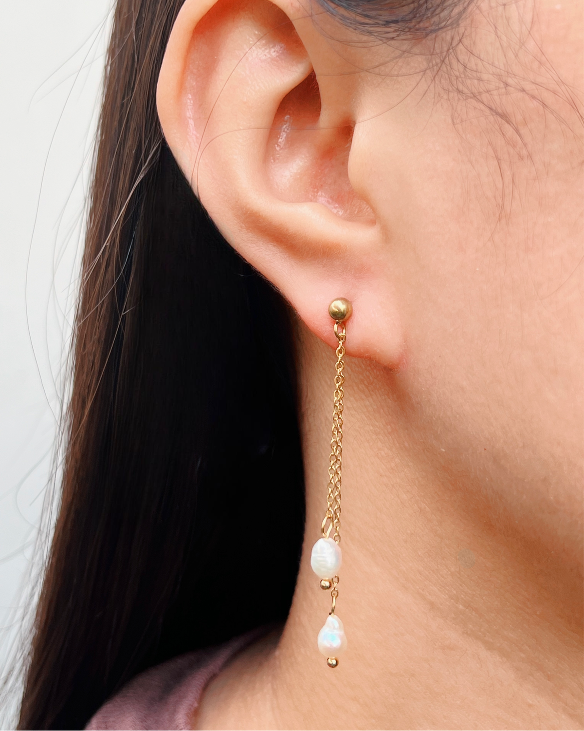 Lauren Round Stud Two Chain Tassels Baroque Freshwater Pearl Drop Earrings