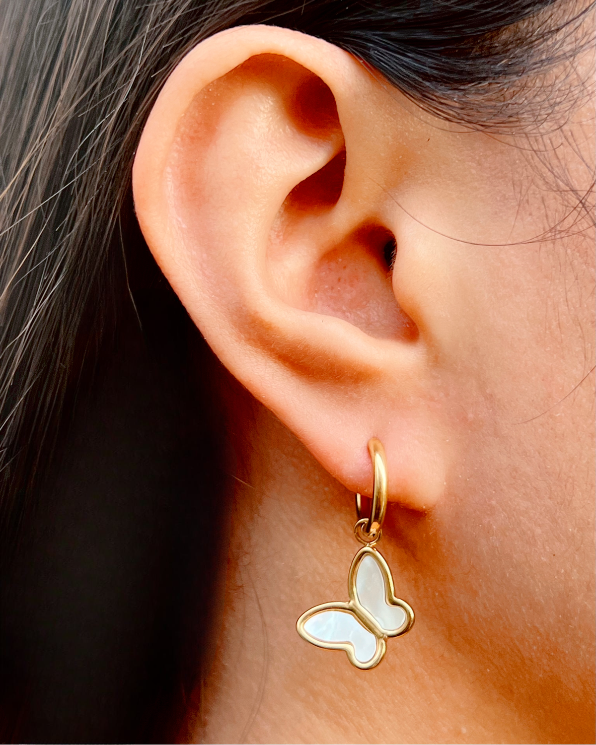 Nadia White Shell Butterfly Design Huggie Hoop Drop Earrings