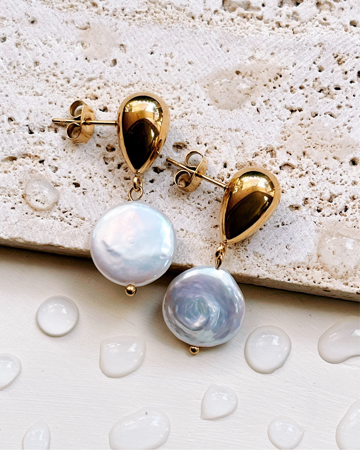 Isla Teardrop Design Gold Stud Flat Baroque Freshwater Pearl Dangle Drop Earrings