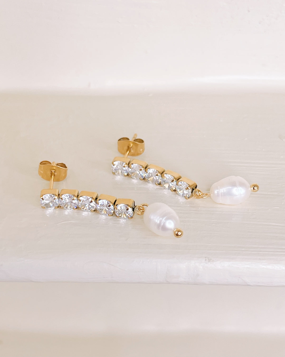 Alejandra Baroque Freshwater Pearl and Zircon Chain Gold Drop Earrings