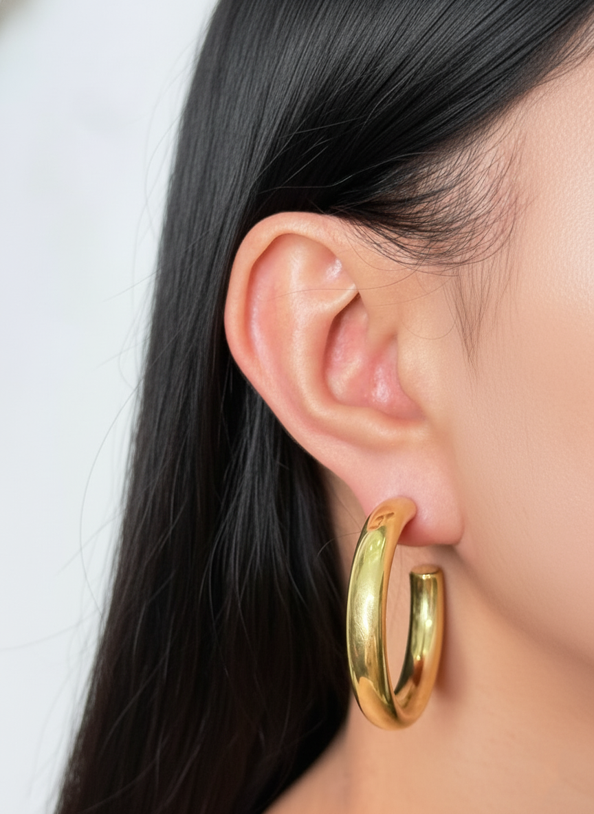 Ilysara C-Shaped Big Rounded Minimalist Lighweight Gold Hoop Earrings
