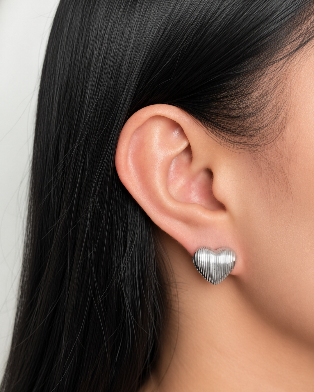 Irivessa (Silver) Double Sided Textured Striped Heart Shaped Vintage Design Silver Hoop Earrings