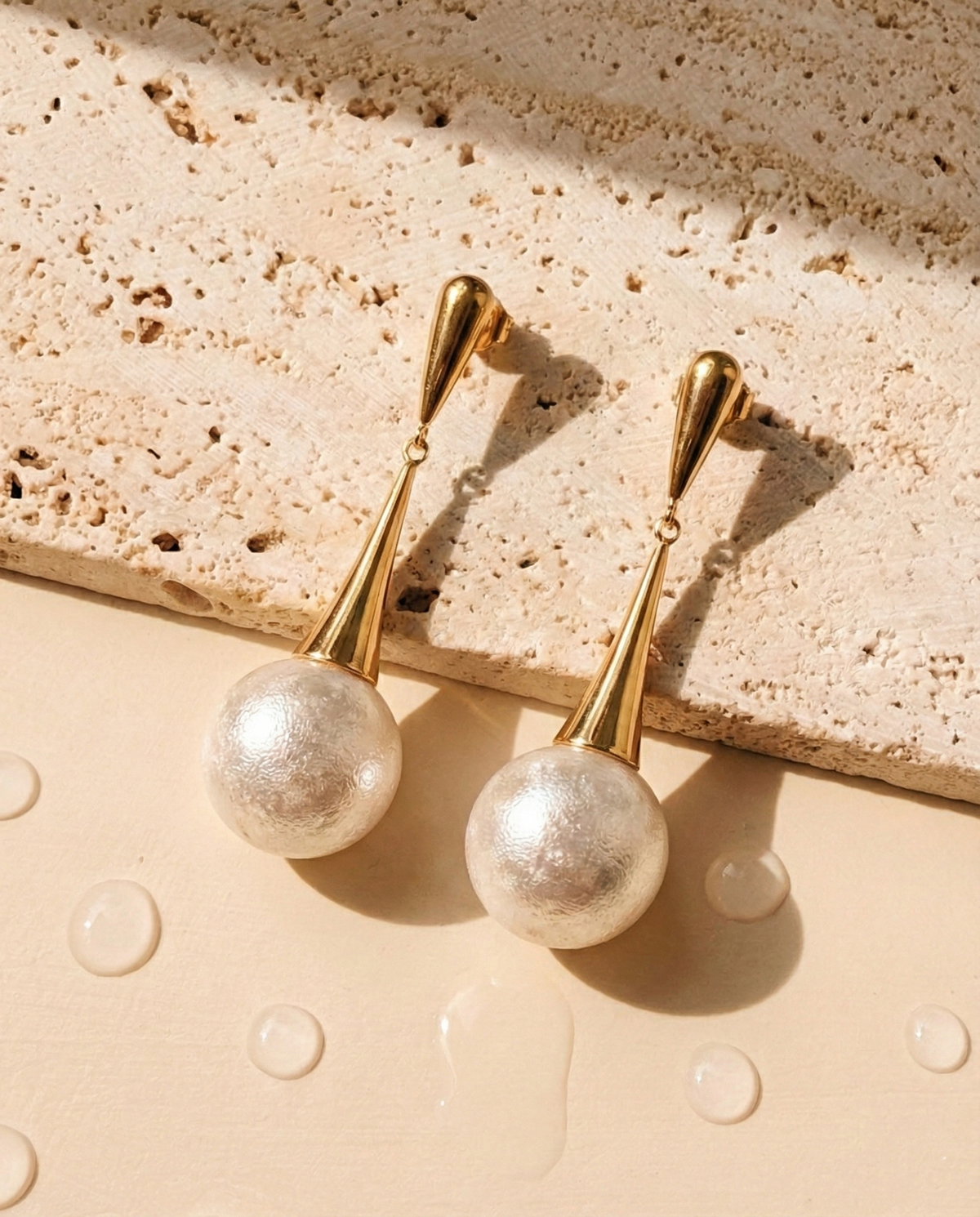 Irynelle Cone Dangling Round Shell Stone Pearl Like Design Gold Drop Earrings