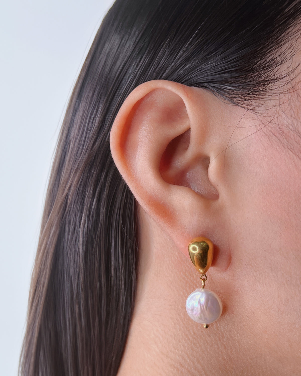 Isla Teardrop Design Gold Stud Flat Baroque Freshwater Pearl Dangle Drop Earrings