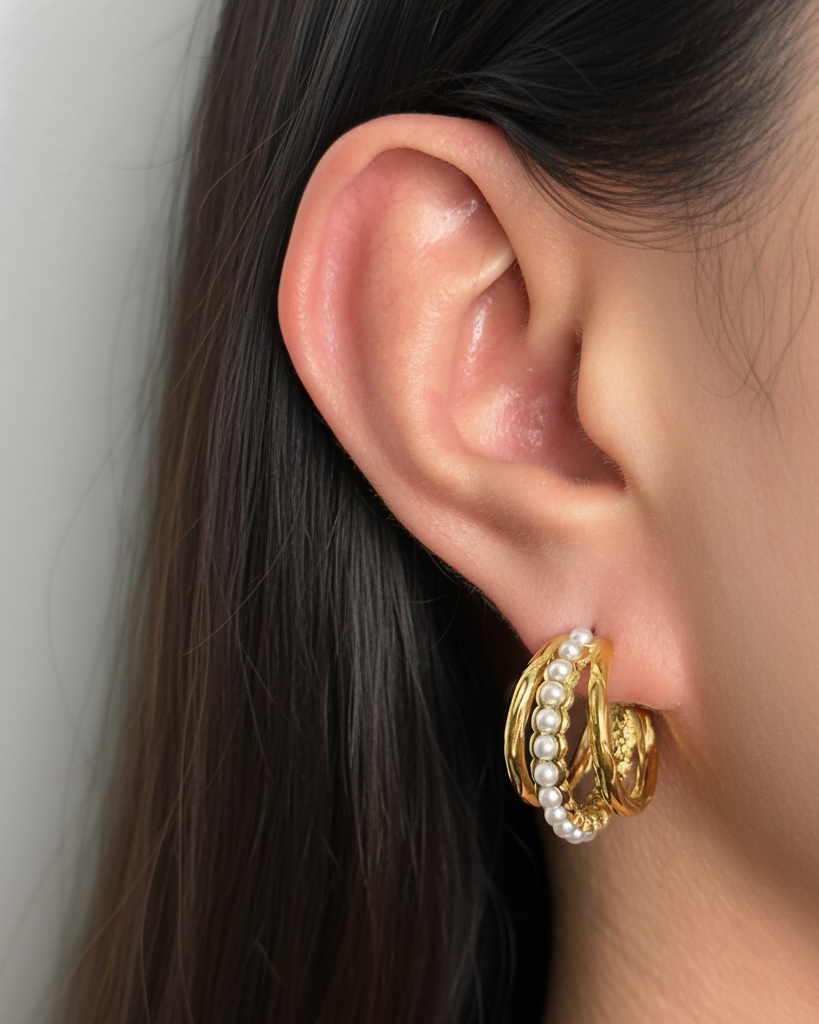 Istria Triple Layer C-Shaped Center Tiny Pearl Beads Paved Inlaid Set Layered Look Gold Hoops