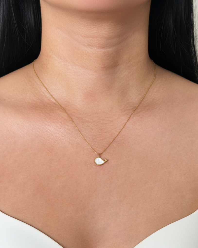 Jynessa Shell Stone Whale Shaped Pendant Thin Angchor Link Chain Gold Necklace