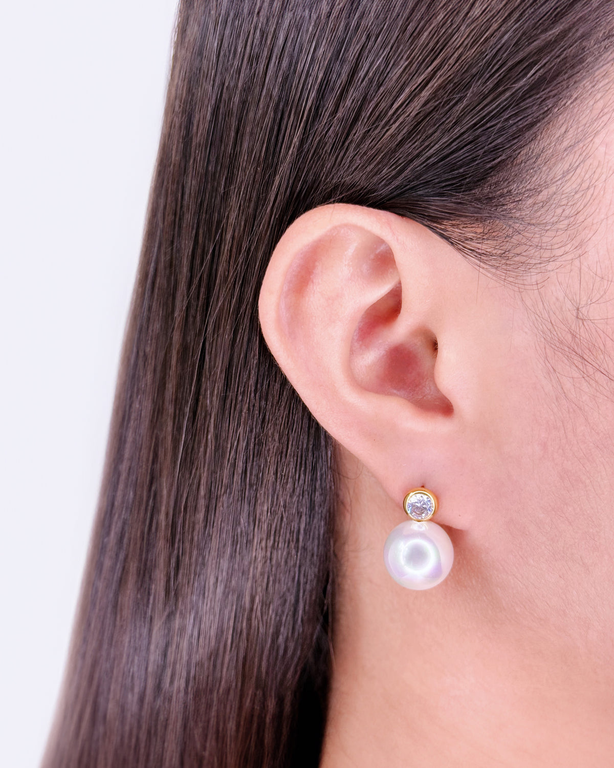 Kimmy Round Zircon Inlaid Set Gold Stud Attached Round Pearl Drop Earrings