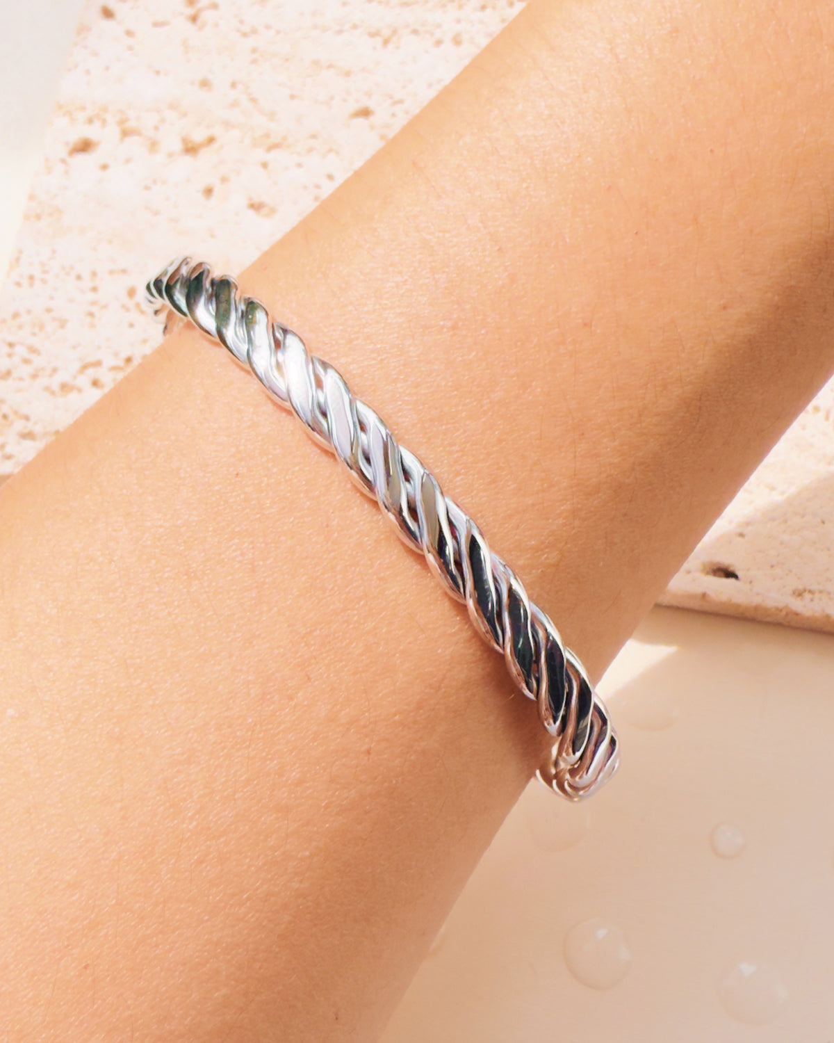 Noah (Silver) Flat Twisted Open Bangle Bracelet