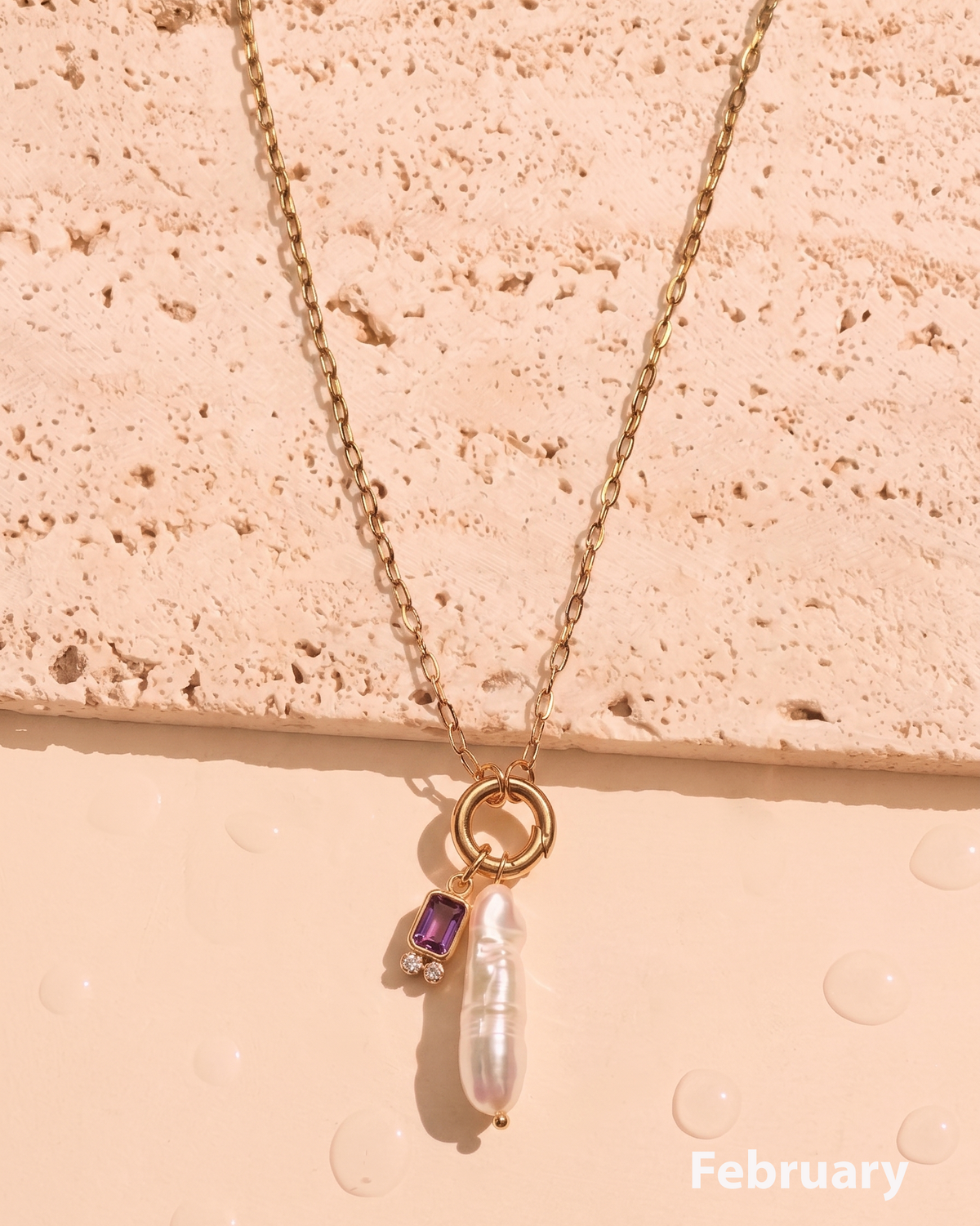 Olivia Birthstone Birth Month Color Zircon Long Pearl Dual Pendant Thin Link Chain Gold Necklace