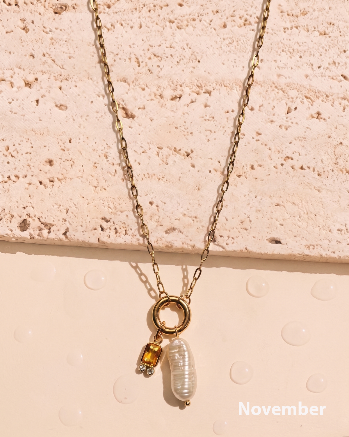 Olivia Birthstone Birth Month Color Zircon Long Pearl Dual Pendant Thin Link Chain Gold Necklace