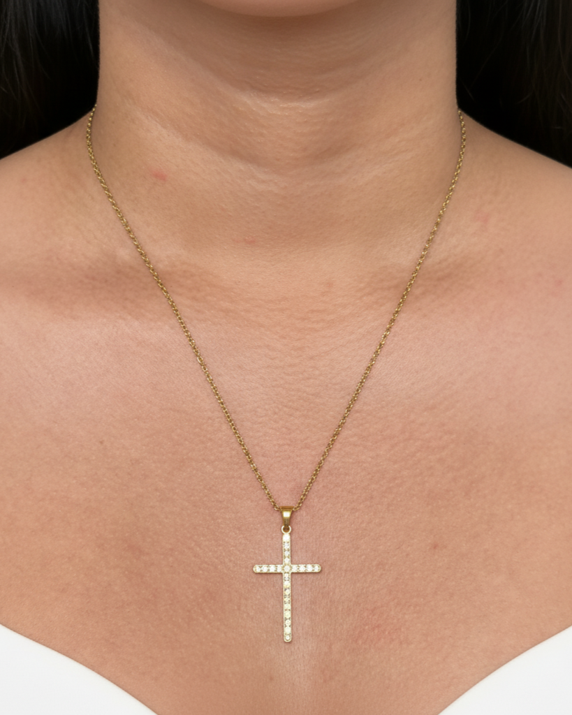 Reina Zircon Paved Cross Pendant Classic Link Chain Gold Necklace