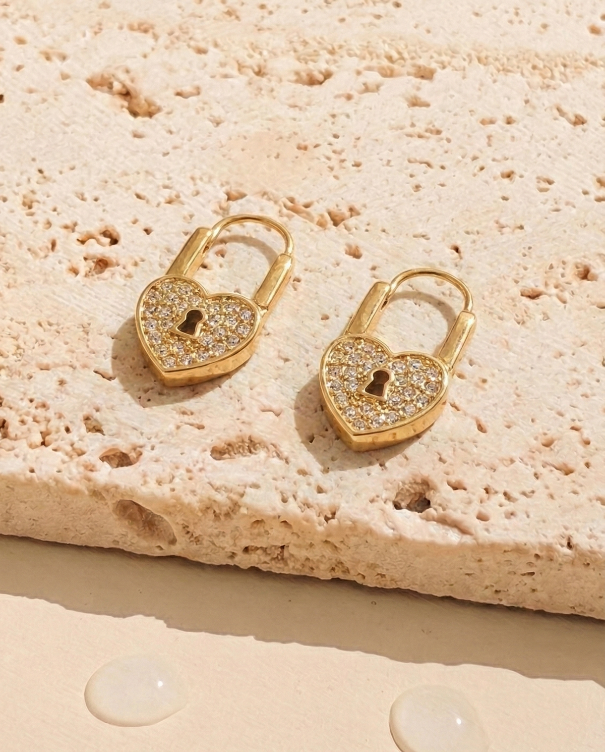 Serevia (Gold) Zircon Paved Heart Shaped Padlock Design Drop Earrings