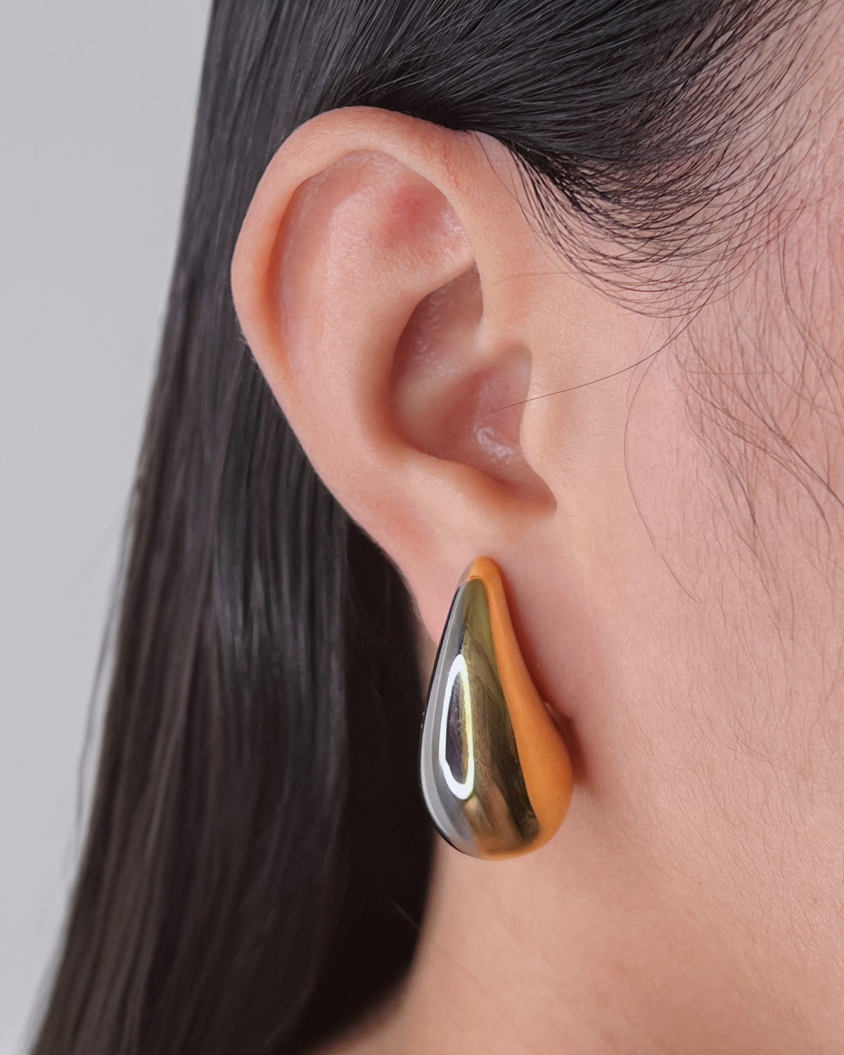 Theodora (Two Tone) Chunky Teardrop Design Side Half Gold Half Silver Stud Gold Drop Earrings