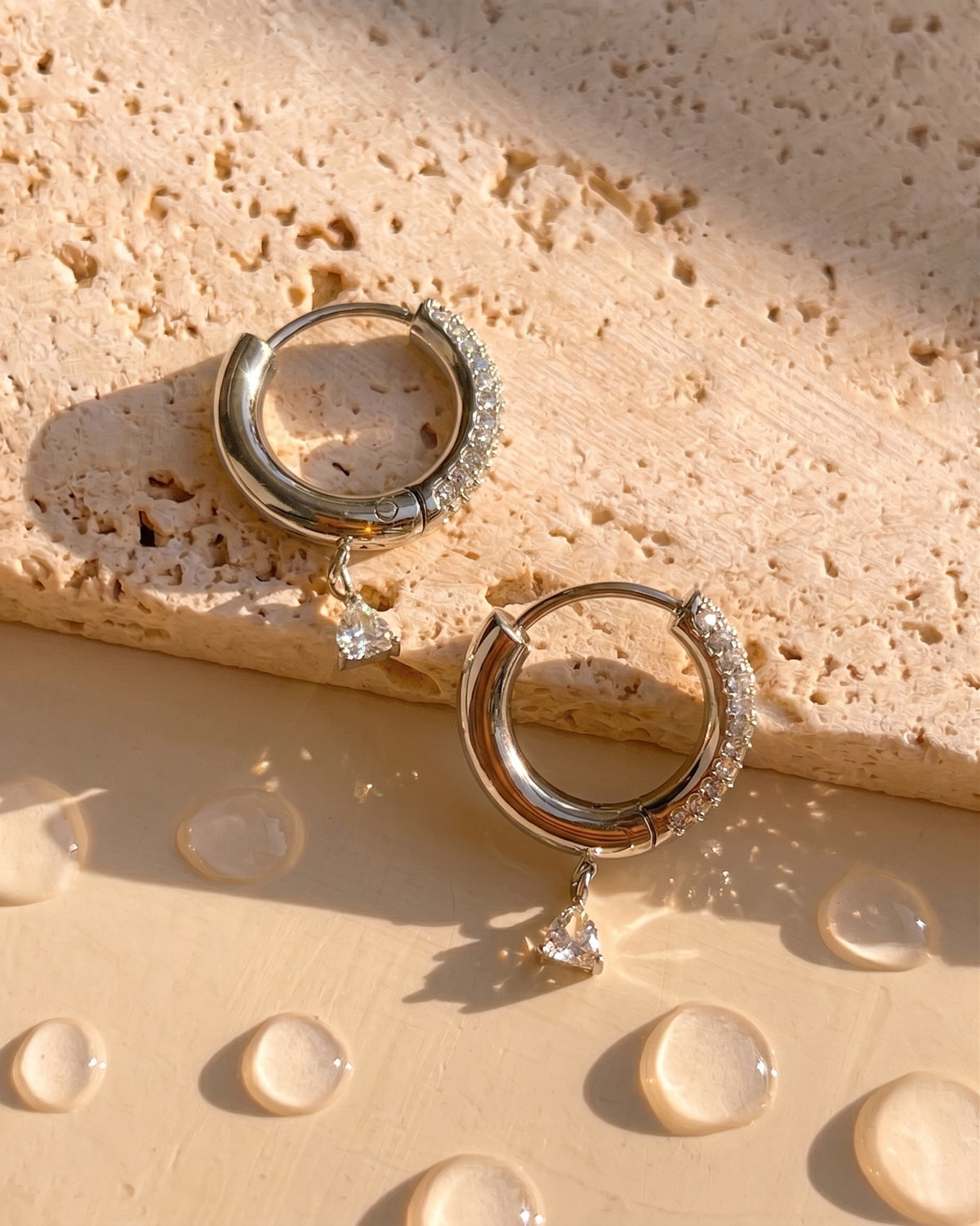 Adara (Silver) Zircon Paved Huggie Crowned Teardrop Waterdrop Shaped Zircon Dangle Drop Earrings