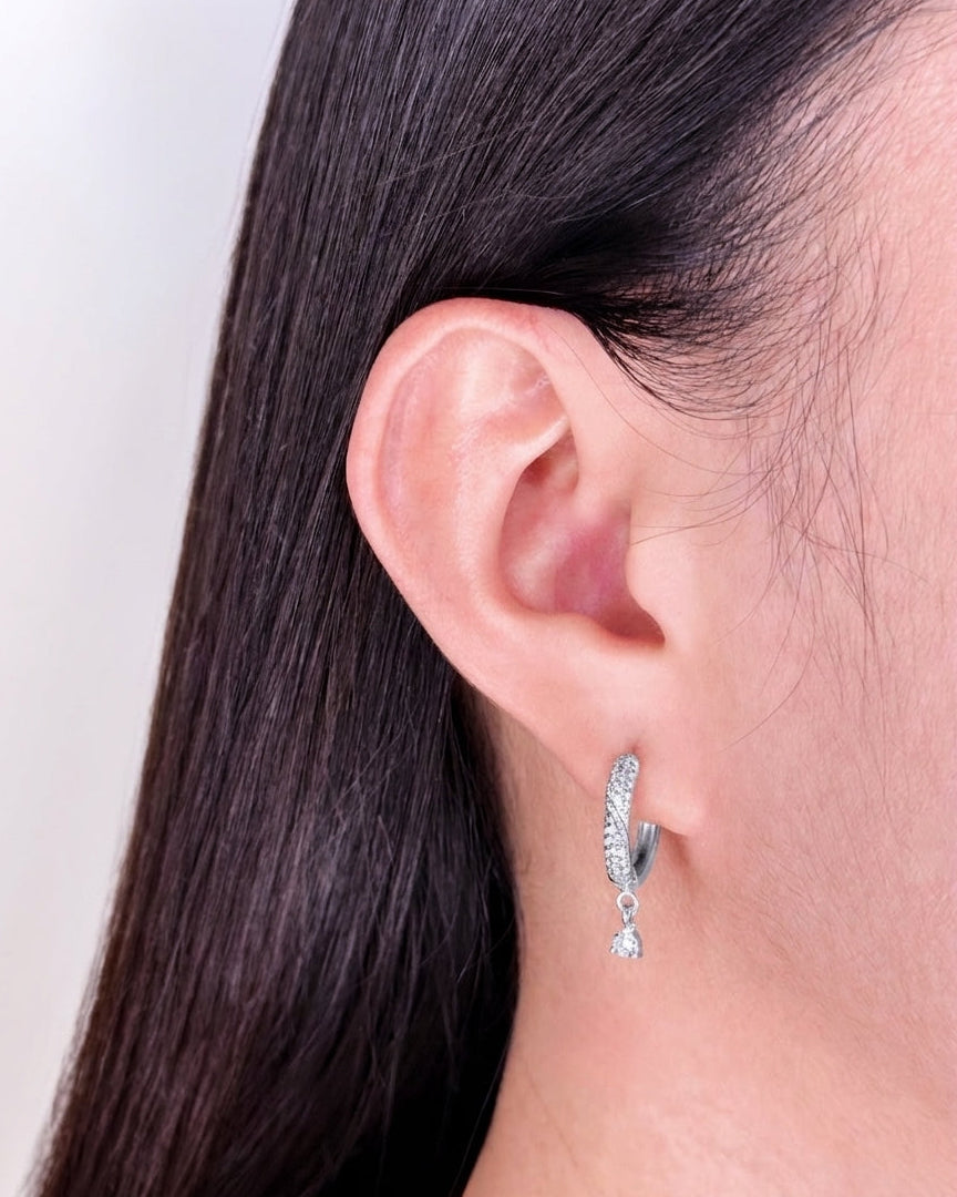 Adara (Silver) Zircon Paved Huggie Crowned Teardrop Waterdrop Shaped Zircon Dangle Drop Earrings