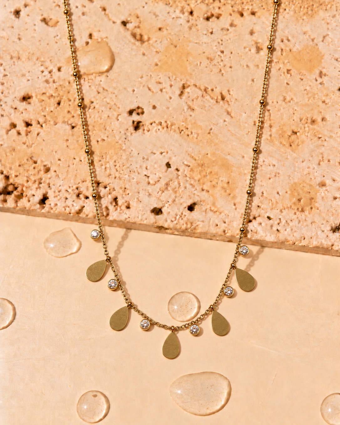 Adrienne Multi Smooth Flat Waterdrop Round Zircon Bezel Set Charms Bead Design Pendant Thin Link Chain Gold Necklace
