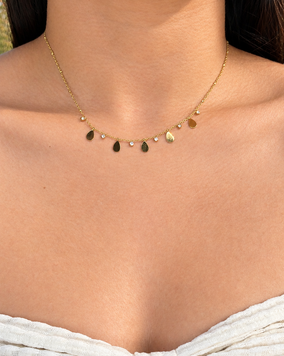 Adrienne Multi Smooth Flat Waterdrop Round Zircon Bezel Set Charms Bead Design Pendant Thin Link Chain Gold Necklace