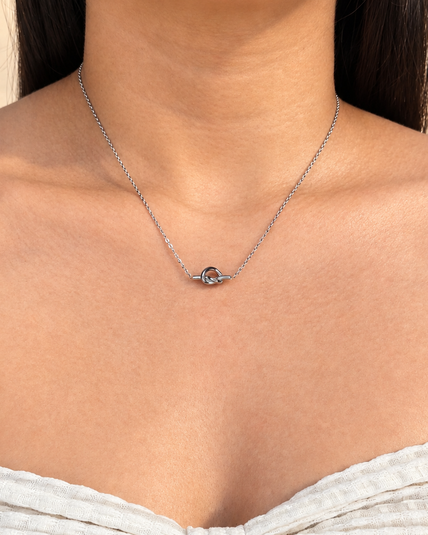 Alessia (Silver) Minimalist Heart Shaped Knot Design Pendant Thin Link Chain Silver Necklace