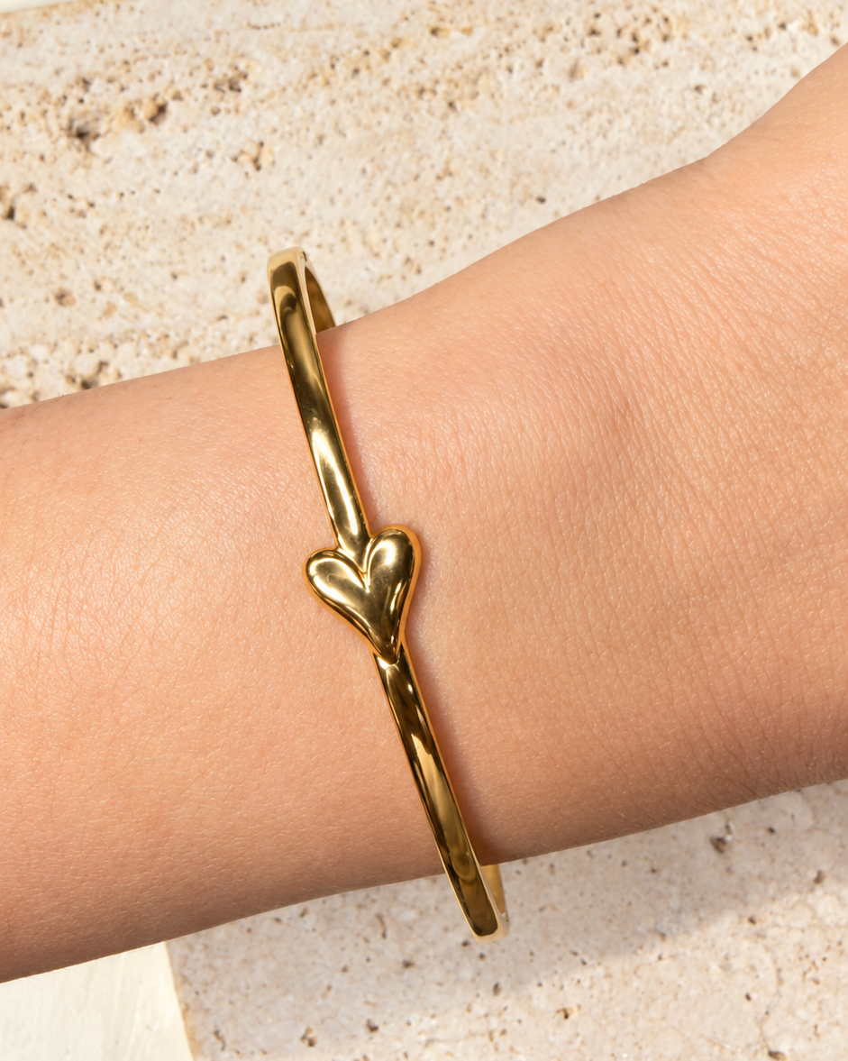Amara Smooth Thin Band Solid Heart Shaped Closed Gold Bangle