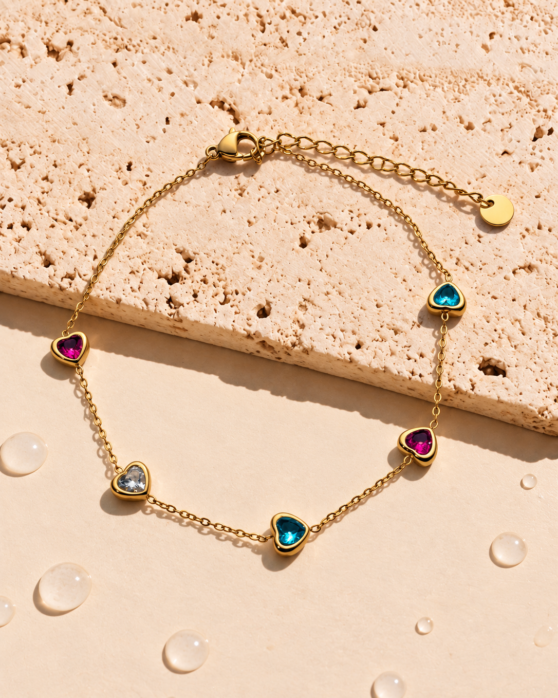 Amber (Colorful) Zircon Heart Shaped Bezel Set Pendants Thin Link Chain Gold Bracelet / Anklet