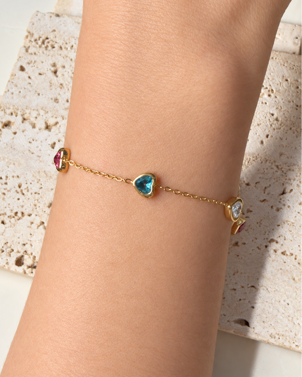 Amber (Colorful) Zircon Heart Shaped Bezel Set Pendants Thin Link Chain Gold Bracelet / Anklet