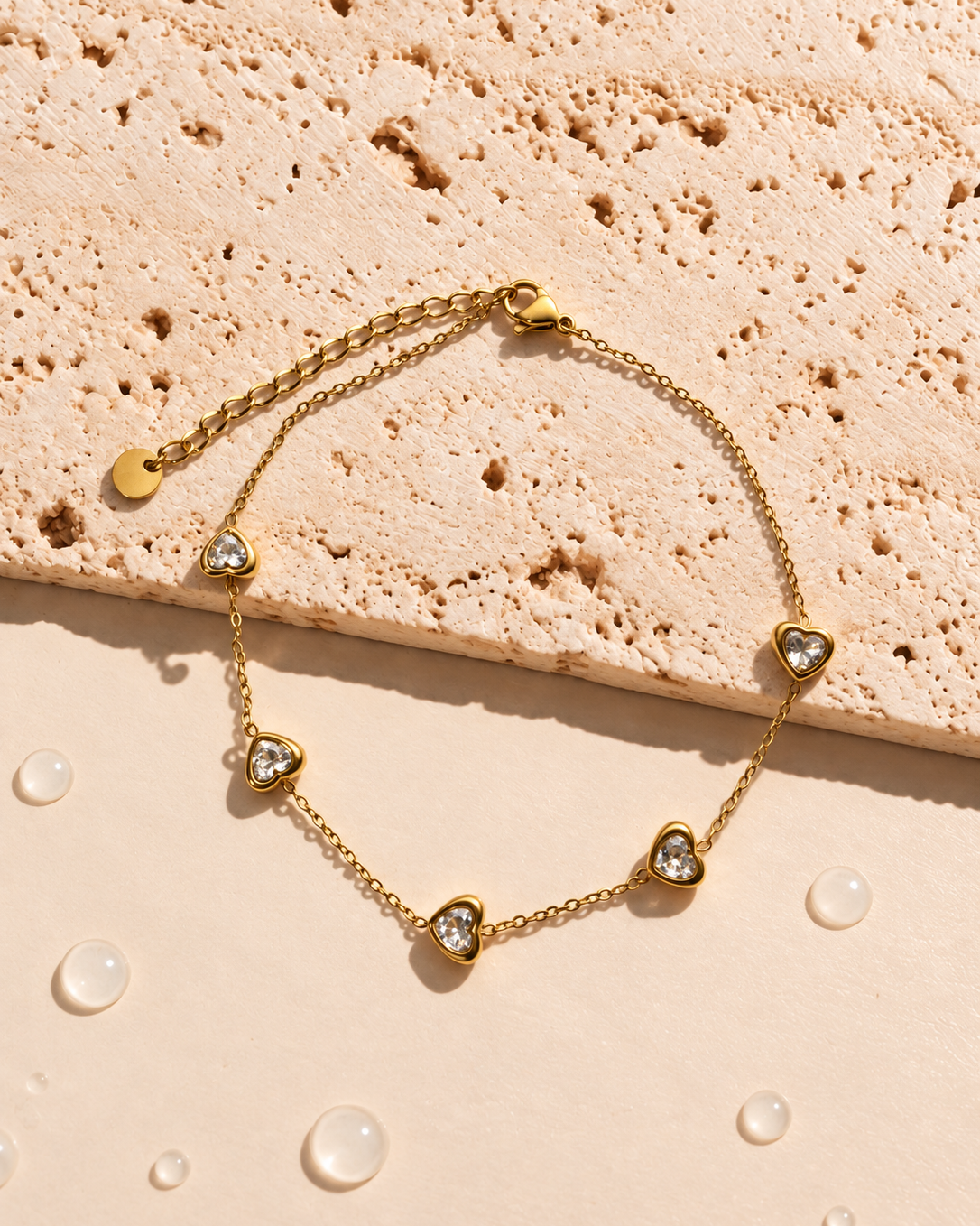 Amber (White) Zircon Heart Shaped Bezel Set Pendants Thin Link Chain Gold Bracelet / Anklet