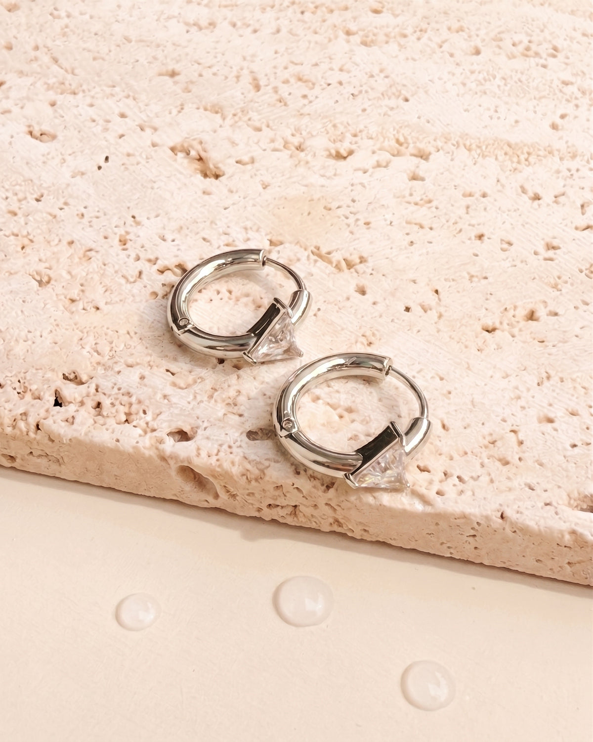 Anatalia (Silver) Classic Round Huggies Triangle Shaped Zircon Crowned Set Inlaid Middle Design Silver Huggies