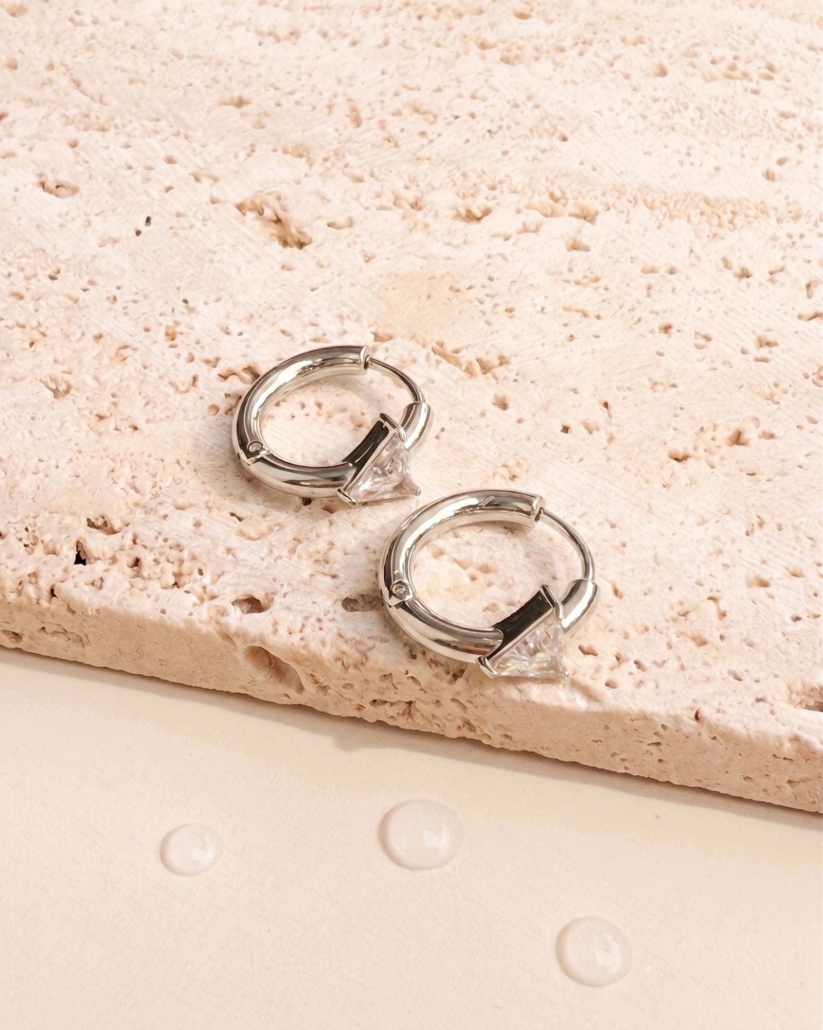 Anatalia (Silver) Classic Round Huggies Triangle Shaped Zircon Crowned Set Inlaid Middle Design Silver Huggies