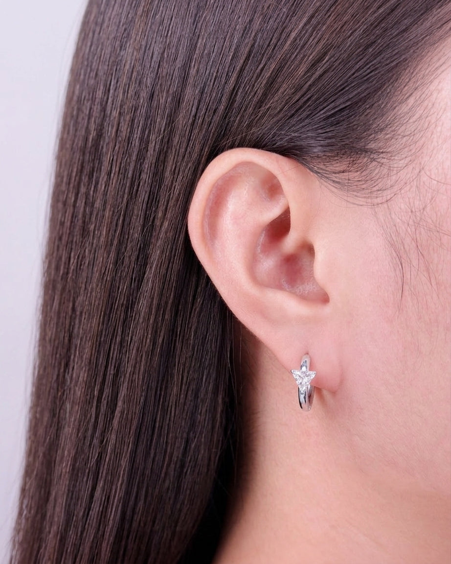 Anatalia (Silver) Classic Round Huggies Triangle Shaped Zircon Crowned Set Inlaid Middle Design Silver Huggies