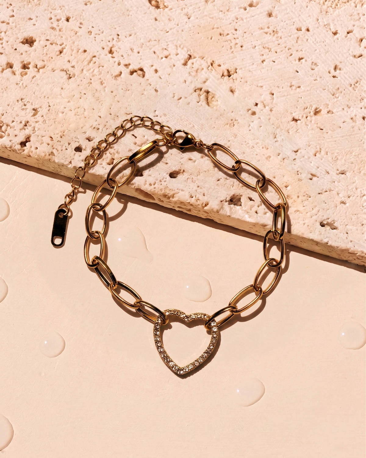 Angie Zircon Paved Hollow Heart Shaped Pendant Oval  Link Chain Gold Bracelet