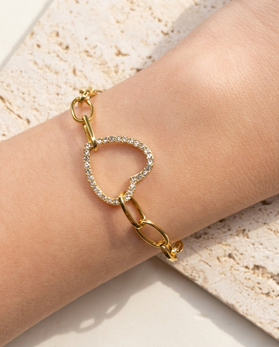 Angie Zircon Paved Hollow Heart Shaped Pendant Oval  Link Chain Gold Bracelet