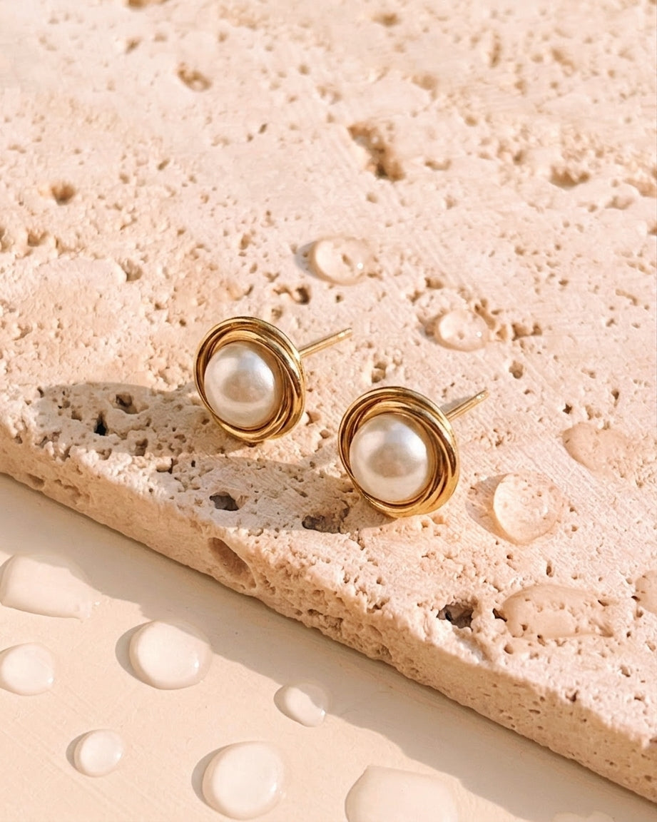April Round Swirl Bezel Set Pearl Center Gold Stud Earrings