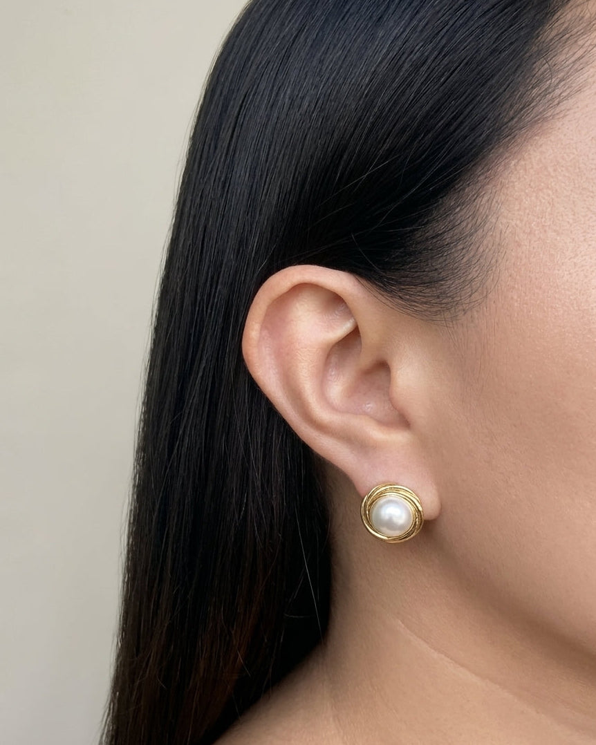 April Round Swirl Bezel Set Pearl Center Gold Stud Earrings