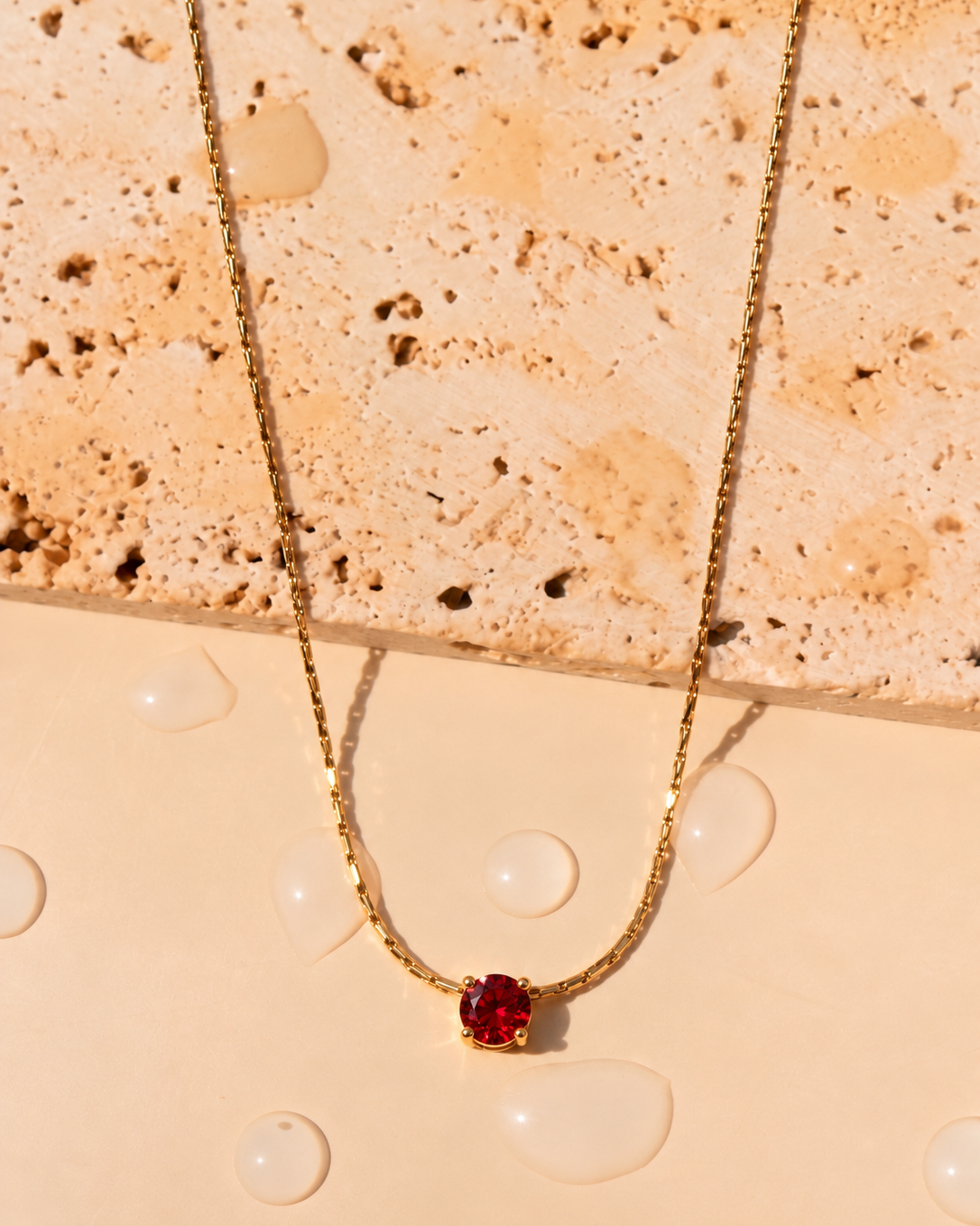 Archer (Red) Minimalist Dainty Round Red Zircon Pendant Thin Anchor Link Chain Gold Necklace