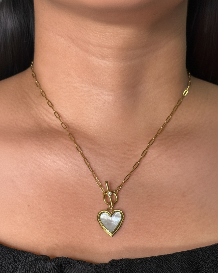 Aria Shell Stone Heart Shaped Frame OT Zircon Lock Pendant Small Thin Paperclip Chain Gold Necklace