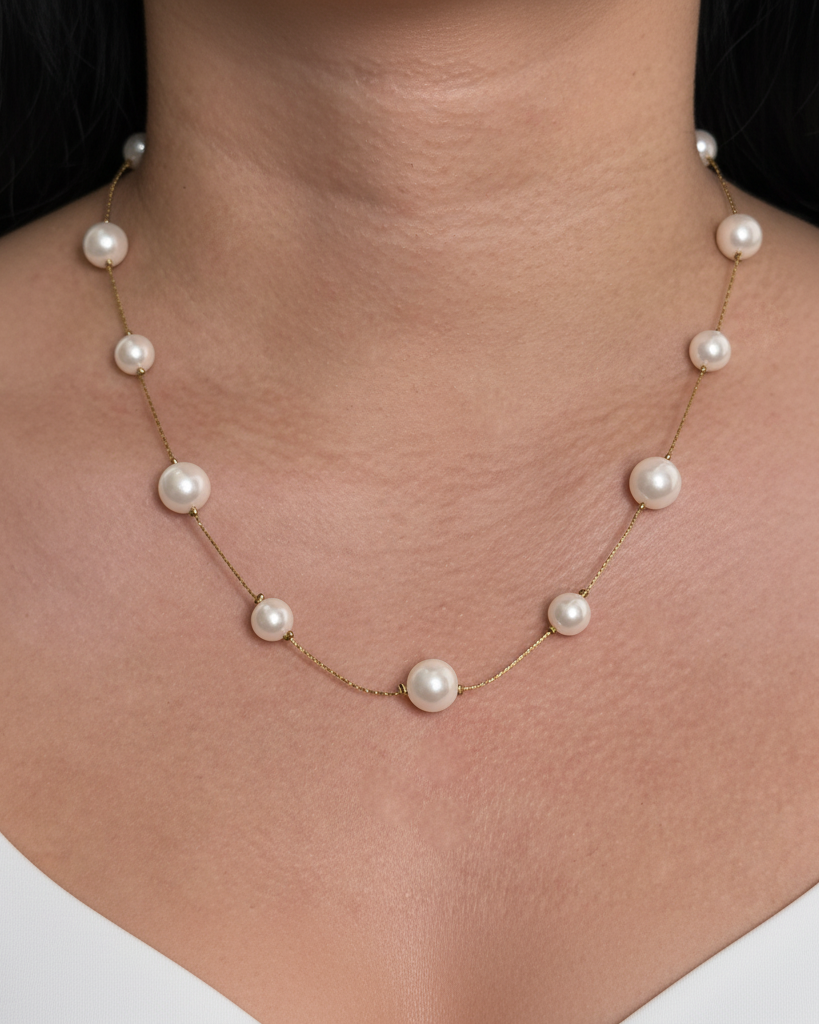 Arlen (Bundle Set) 2 Necklaces Double Layer Pearl Beaded Thin Anchor Chain Wide Flat Snake Chain Gold Necklace