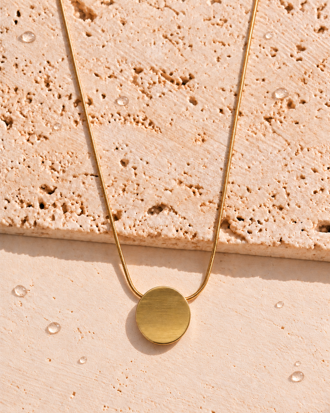 Aubrey Minimalist Smooth Concave Round Pendant Thin Snake Chain Gold Necklace