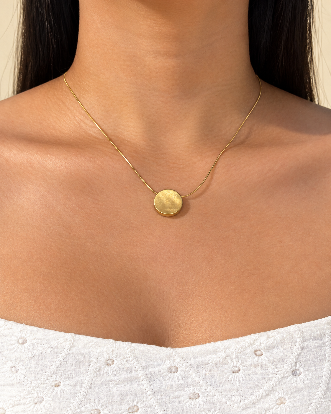 Aubrey Minimalist Smooth Concave Round Pendant Thin Snake Chain Gold Necklace