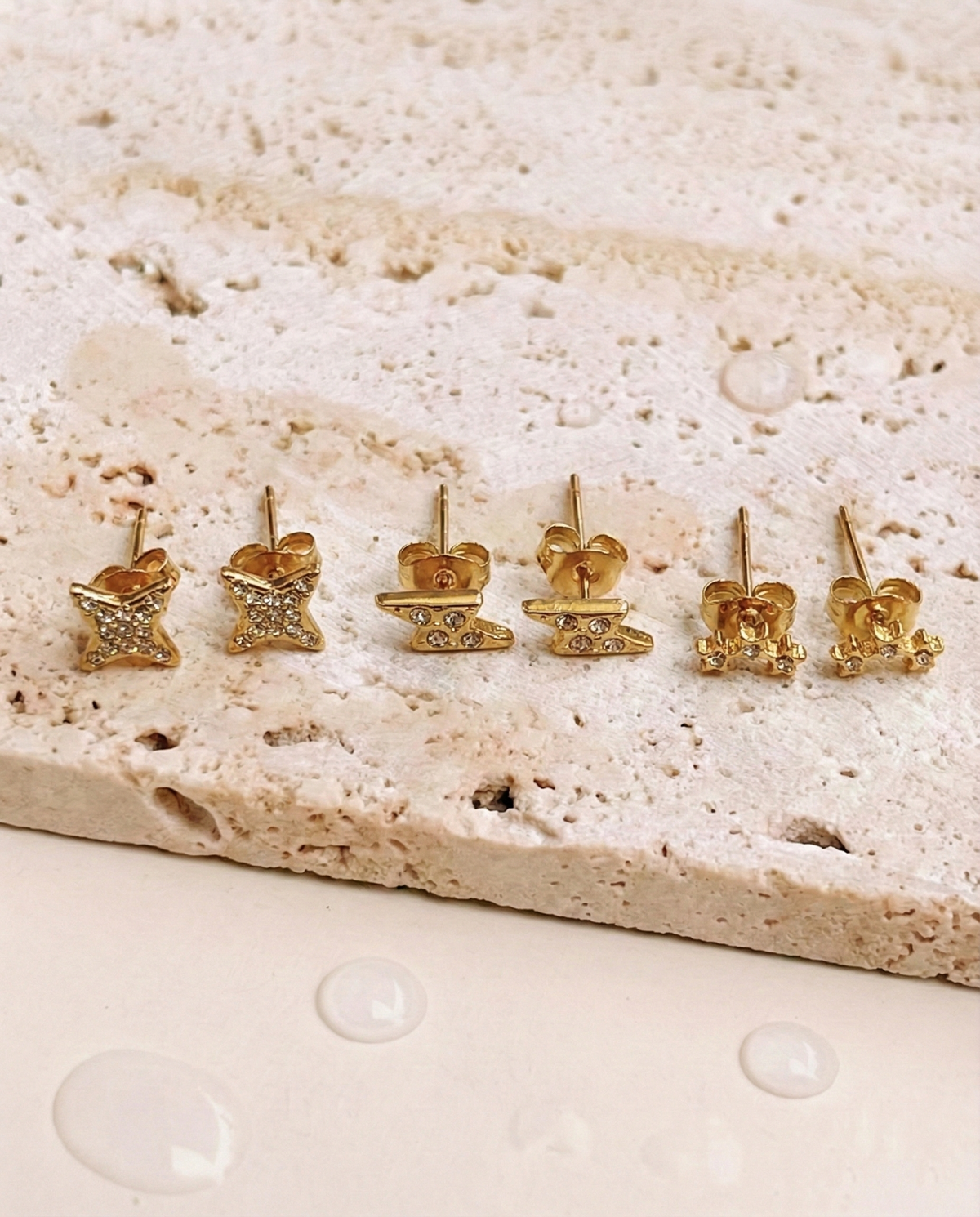 Aveline (Bundle Set) 3 Pairs Zircon Paved Lightning Design Four-Pointed Star Design Tri-Star Design Gold Studs