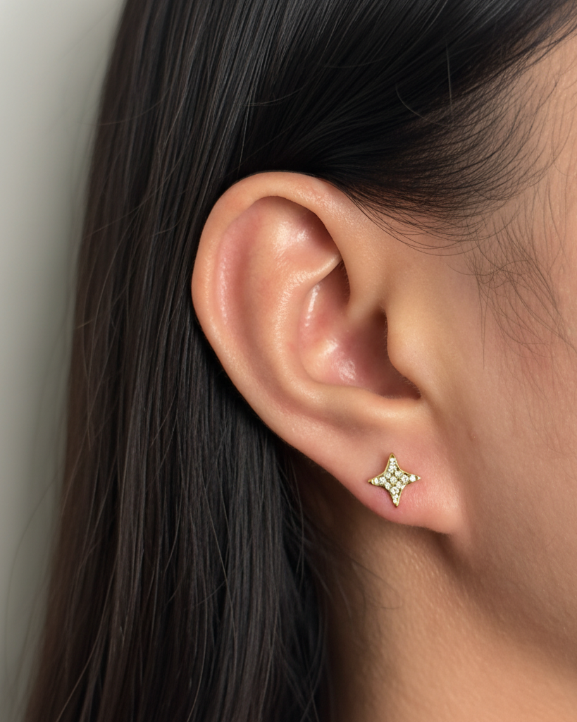 Aveline (Bundle Set) 3 Pairs Zircon Paved Lightning Design Four-Pointed Star Design Tri-Star Design Gold Studs