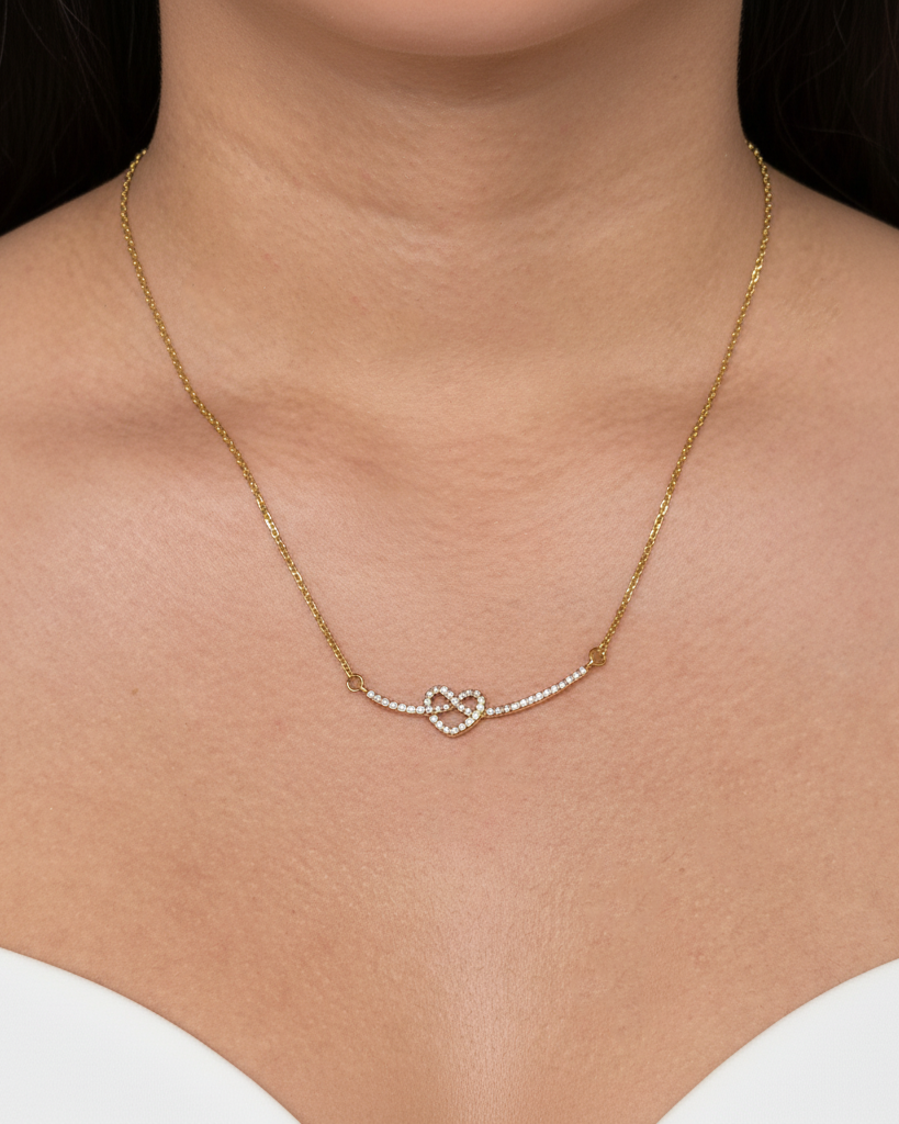 Aven Zircon Paved Asymmetrical Curved Bar Eternal Love Heart Knot Shaped Pendant Thin Anchor Chain Gold Necklace