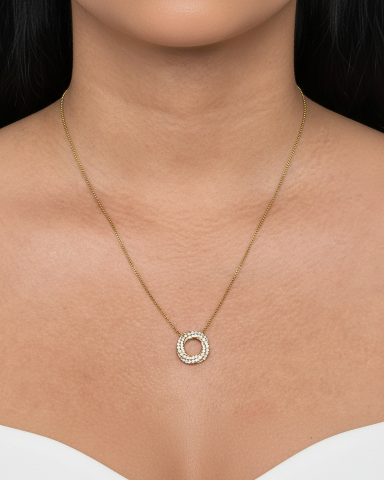 Avesia Zircon Paved Inlaid Circular Twisted Hollow Ring Pendant Rounded Thin Box Chain Gold Necklace