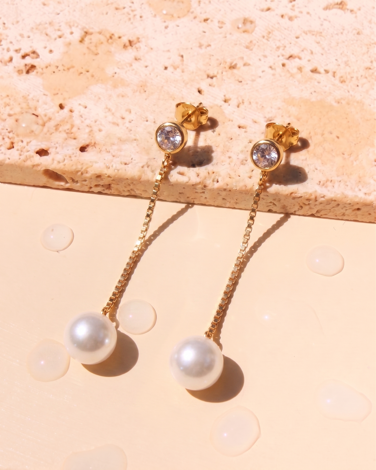 Azaria (Gold) Round Bezel Set Zircon Stud Thin Long Gold Chain Pearl Drop Earrings