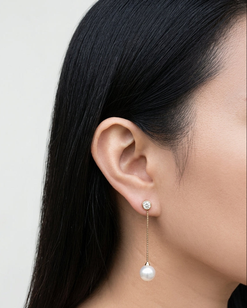 Azaria (Gold) Round Bezel Set Zircon Stud Thin Long Gold Chain Pearl Drop Earrings