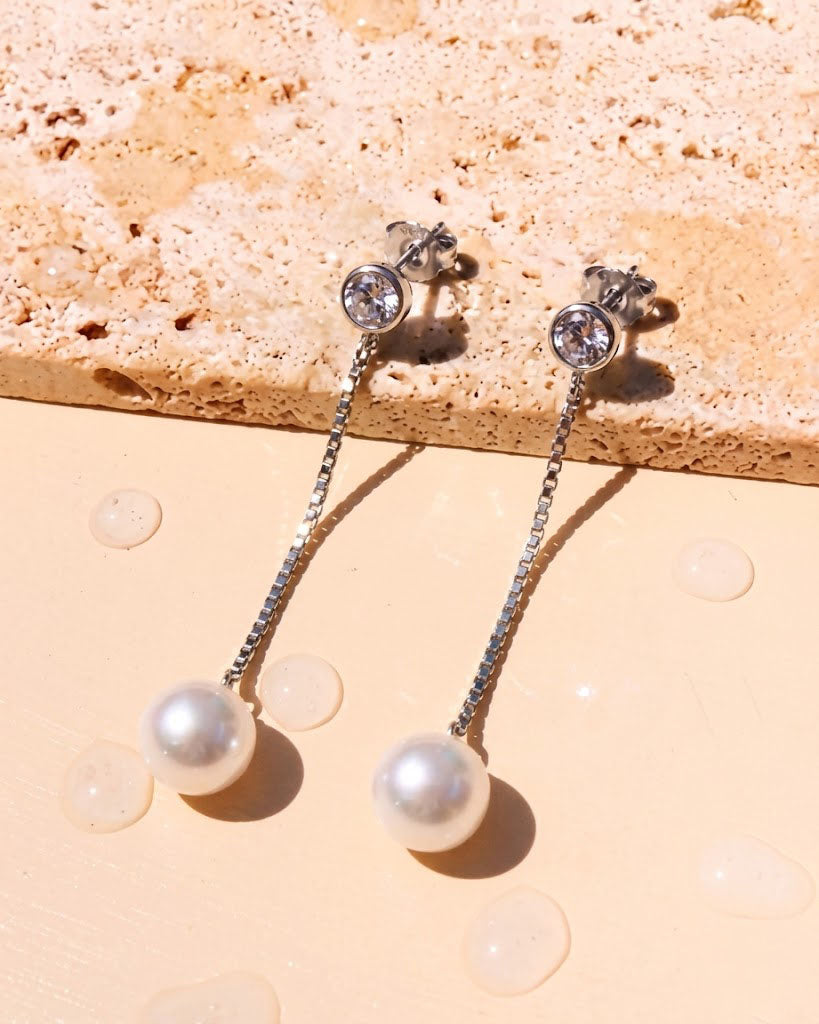 Azaria (Silver) Round Bezel Set Zircon Stud Thin Long Silver Chain Pearl Drop Earrings