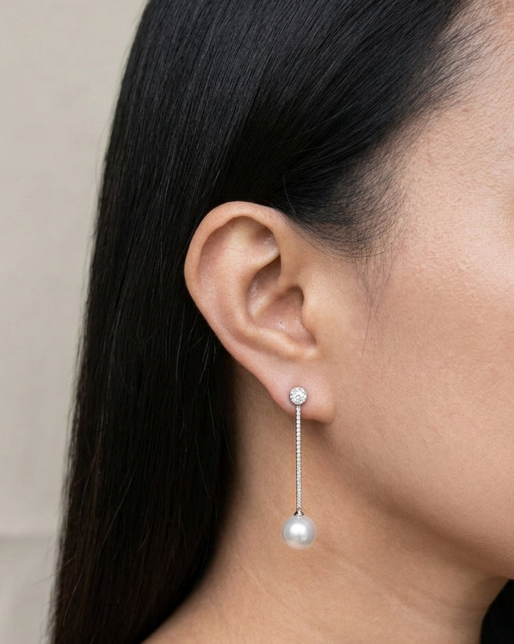 Azaria (Silver) Round Bezel Set Zircon Stud Thin Long Silver Chain Pearl Drop Earrings