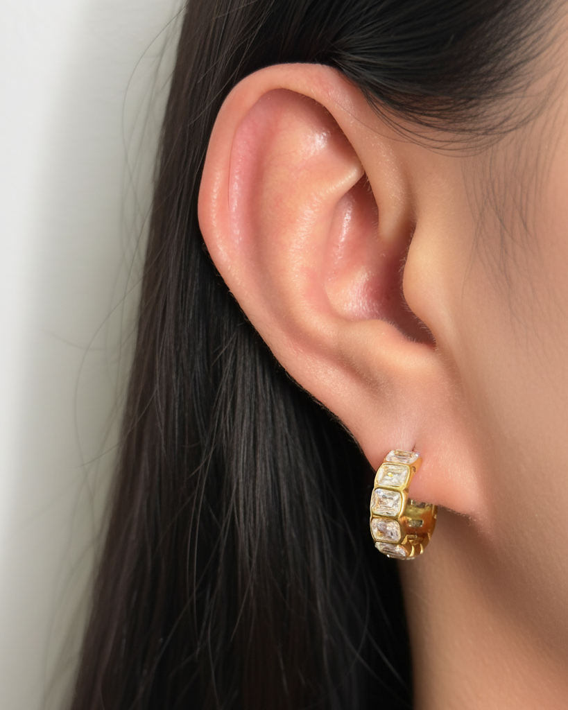 Belmira Paved Square Zircon Inlaid Setting Wide C-Shaped Gold Hoops